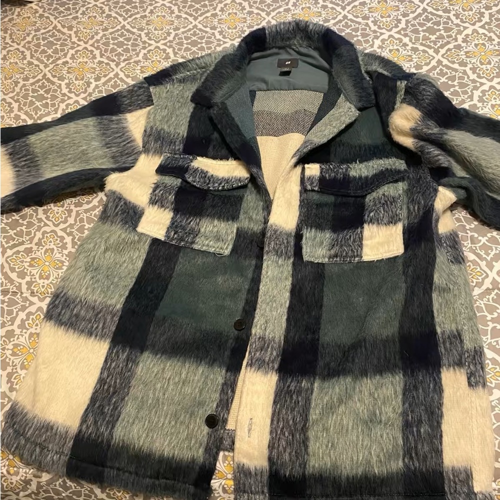 H&M Cream and Blue Lightweight Shirt Jacket